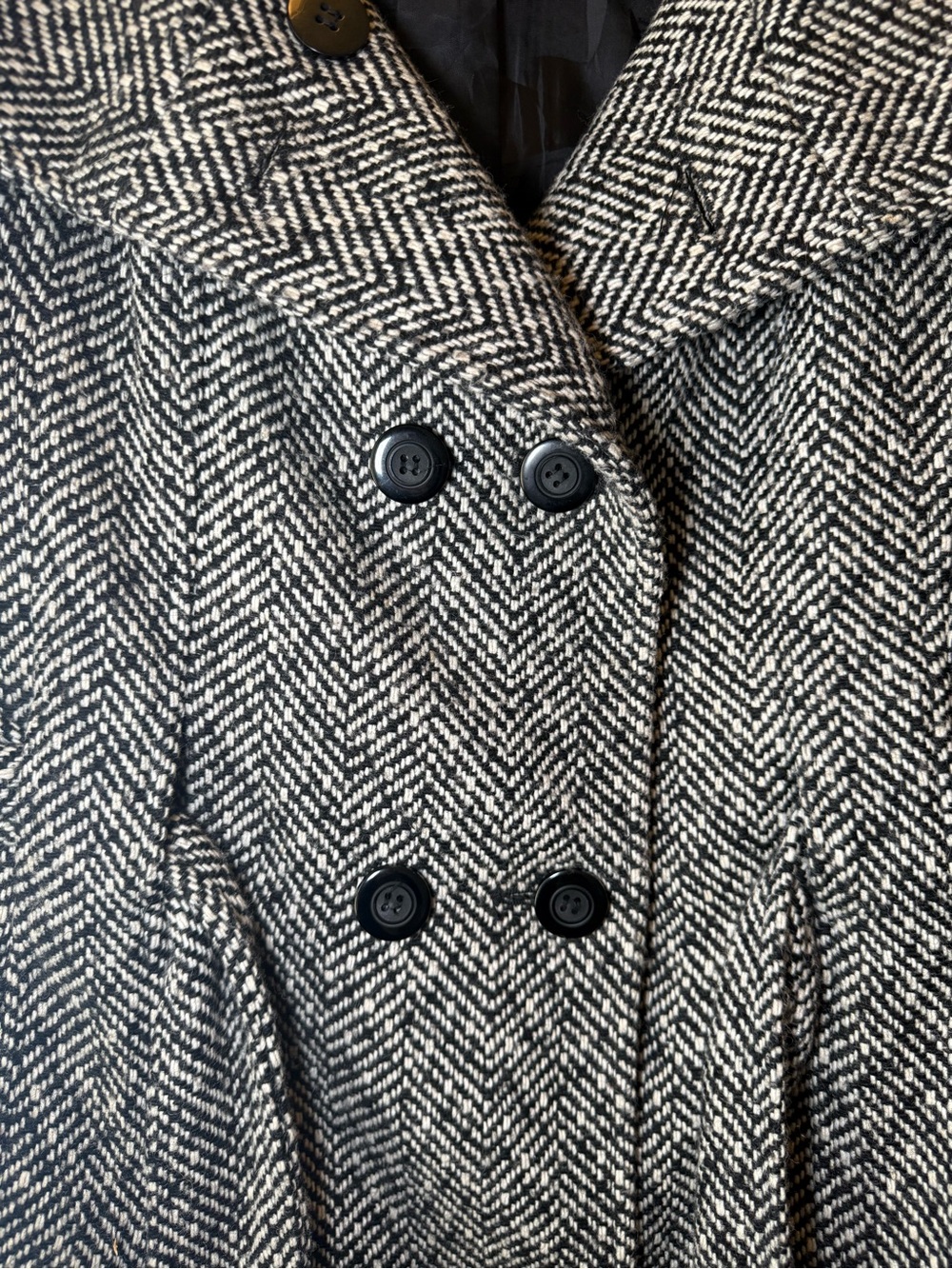 Jones NY Tweed Peacoat 14 Black White Herringbone Belted WoolBlend Coat Academia - Picture 5 of 16